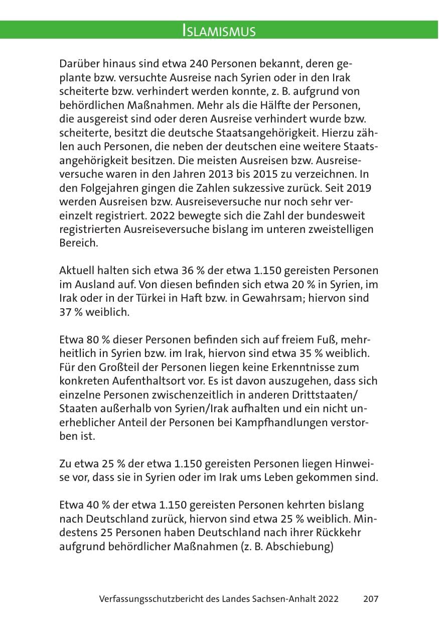 Seite 209 des Verfassungsschutzbericht 2022 Sachsen-Anhalt