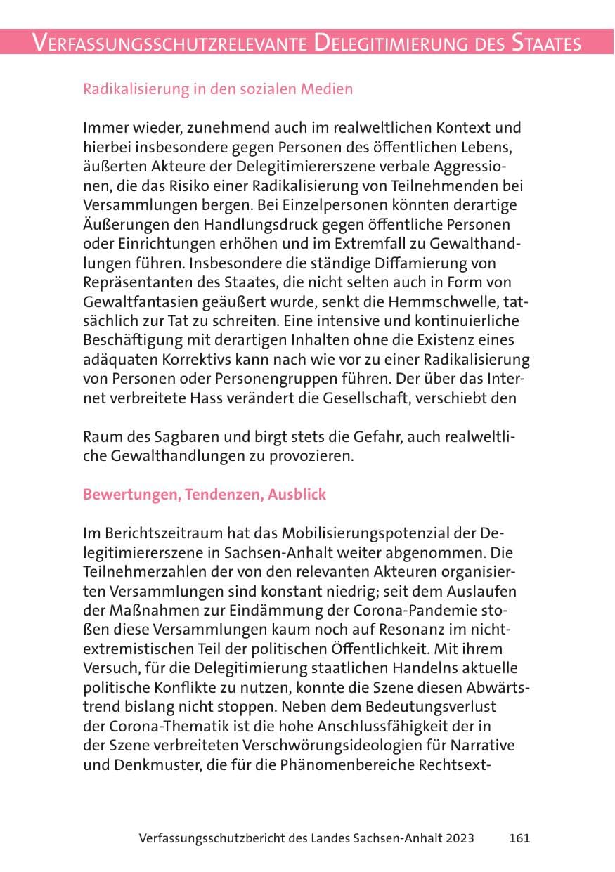 Seite 161 des Verfassungsschutzbericht 2023 Sachsen-Anhalt