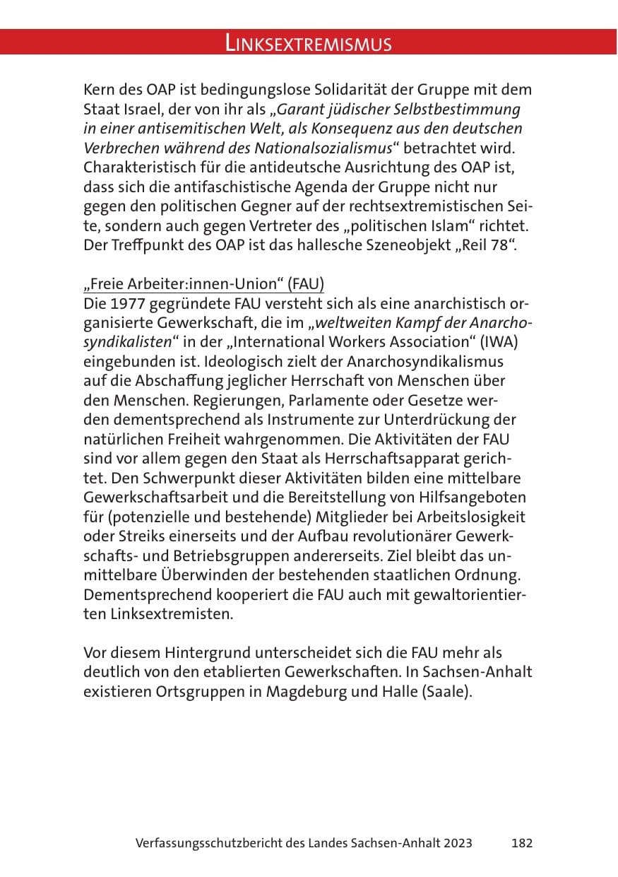 Seite 182 des Verfassungsschutzbericht 2023 Sachsen-Anhalt