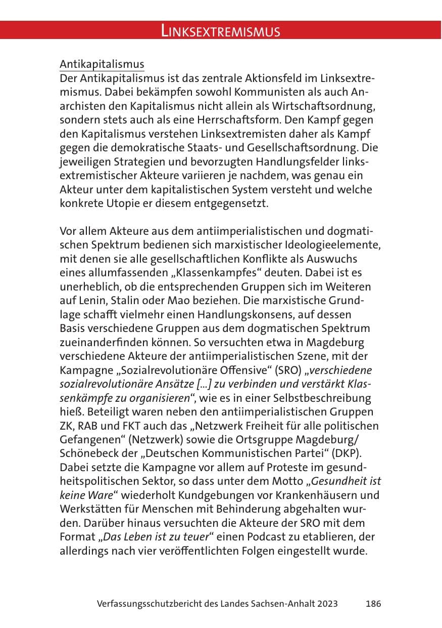 Seite 186 des Verfassungsschutzbericht 2023 Sachsen-Anhalt