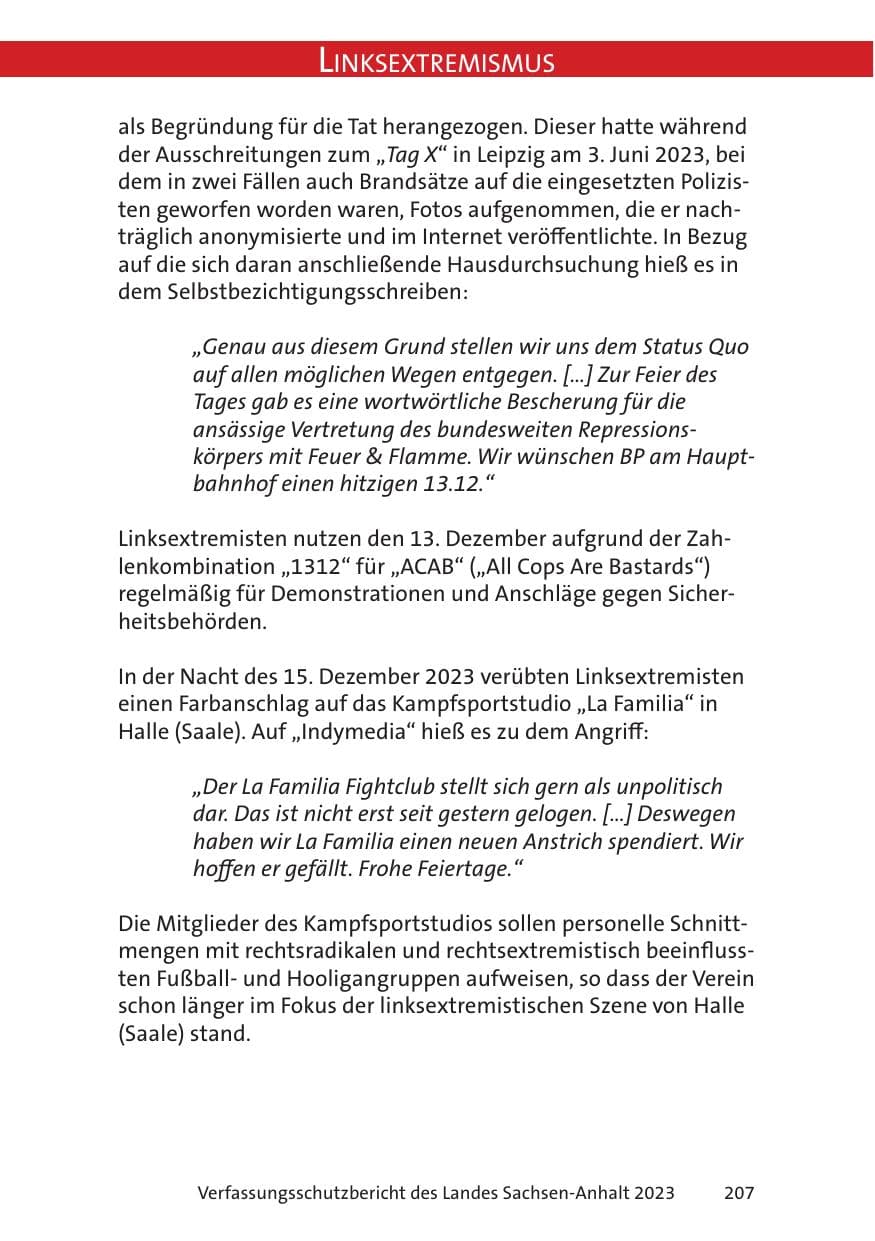 Seite 207 des Verfassungsschutzbericht 2023 Sachsen-Anhalt