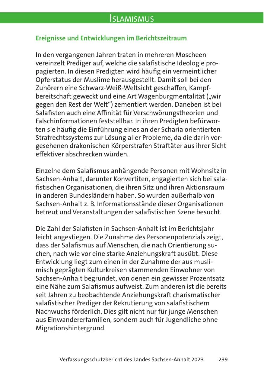 Seite 239 des Verfassungsschutzbericht 2023 Sachsen-Anhalt