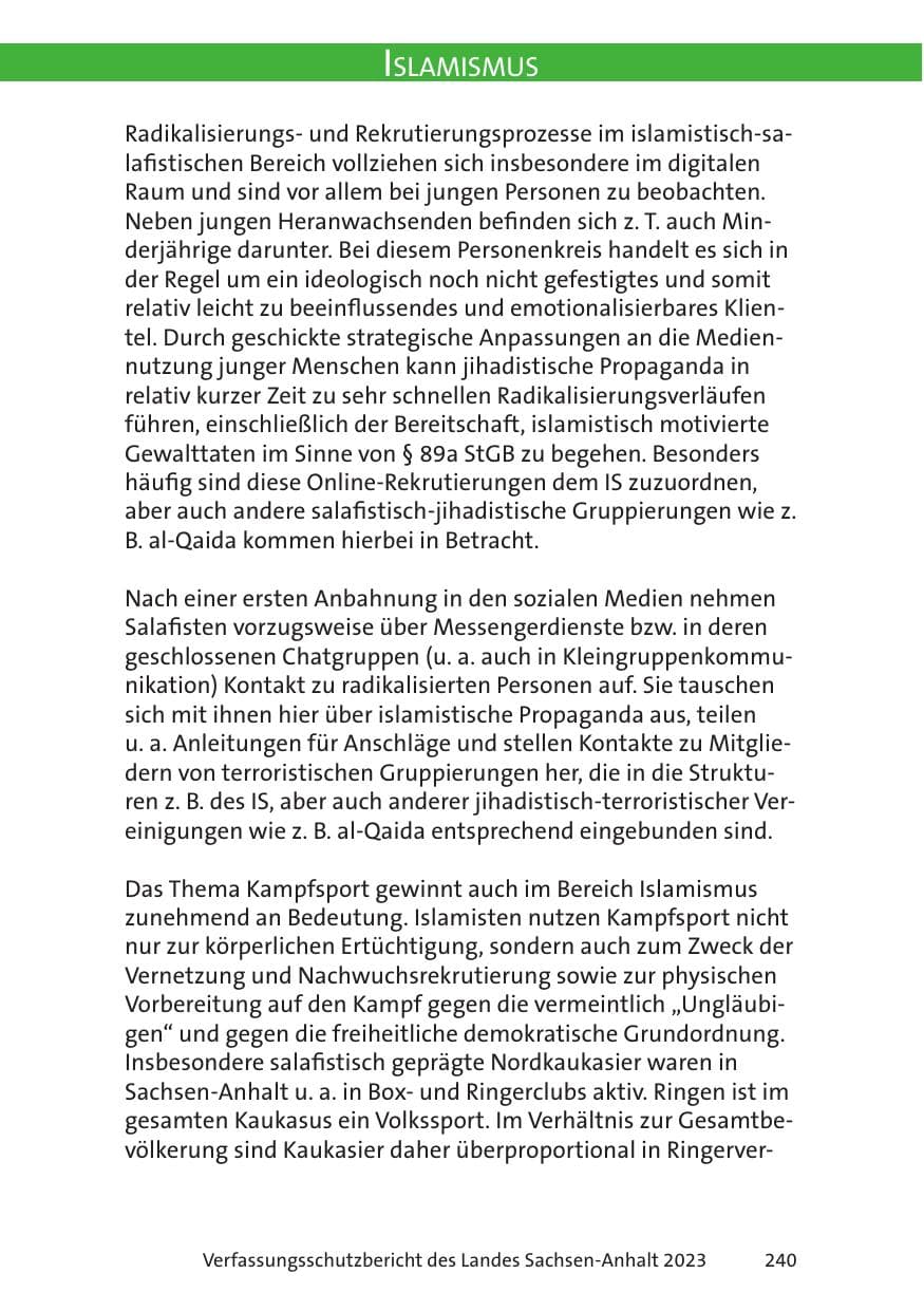 Seite 240 des Verfassungsschutzbericht 2023 Sachsen-Anhalt