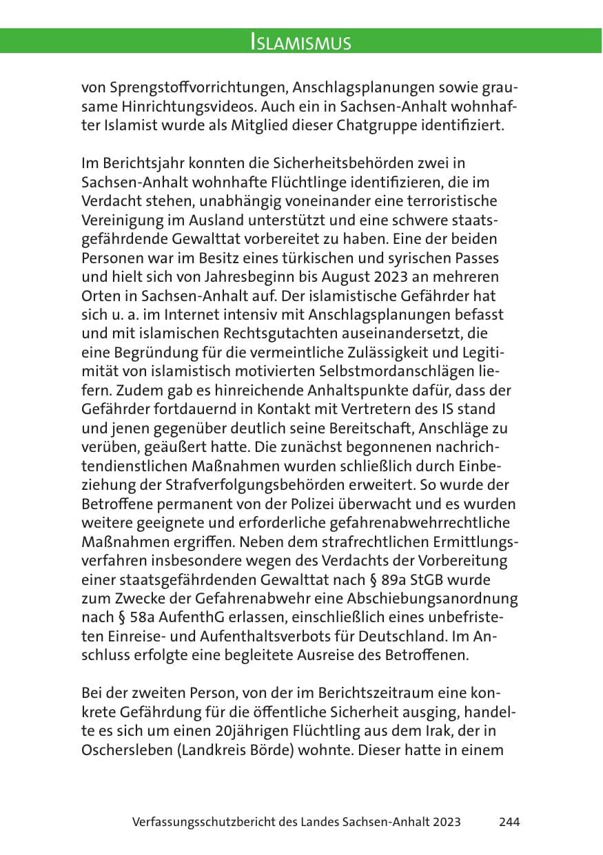 Seite 244 des Verfassungsschutzbericht 2023 Sachsen-Anhalt