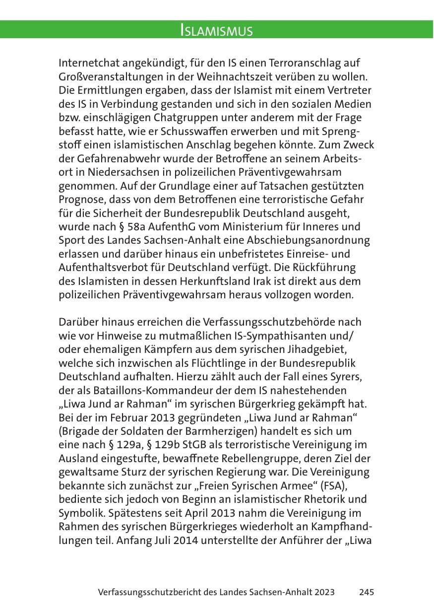 Seite 245 des Verfassungsschutzbericht 2023 Sachsen-Anhalt