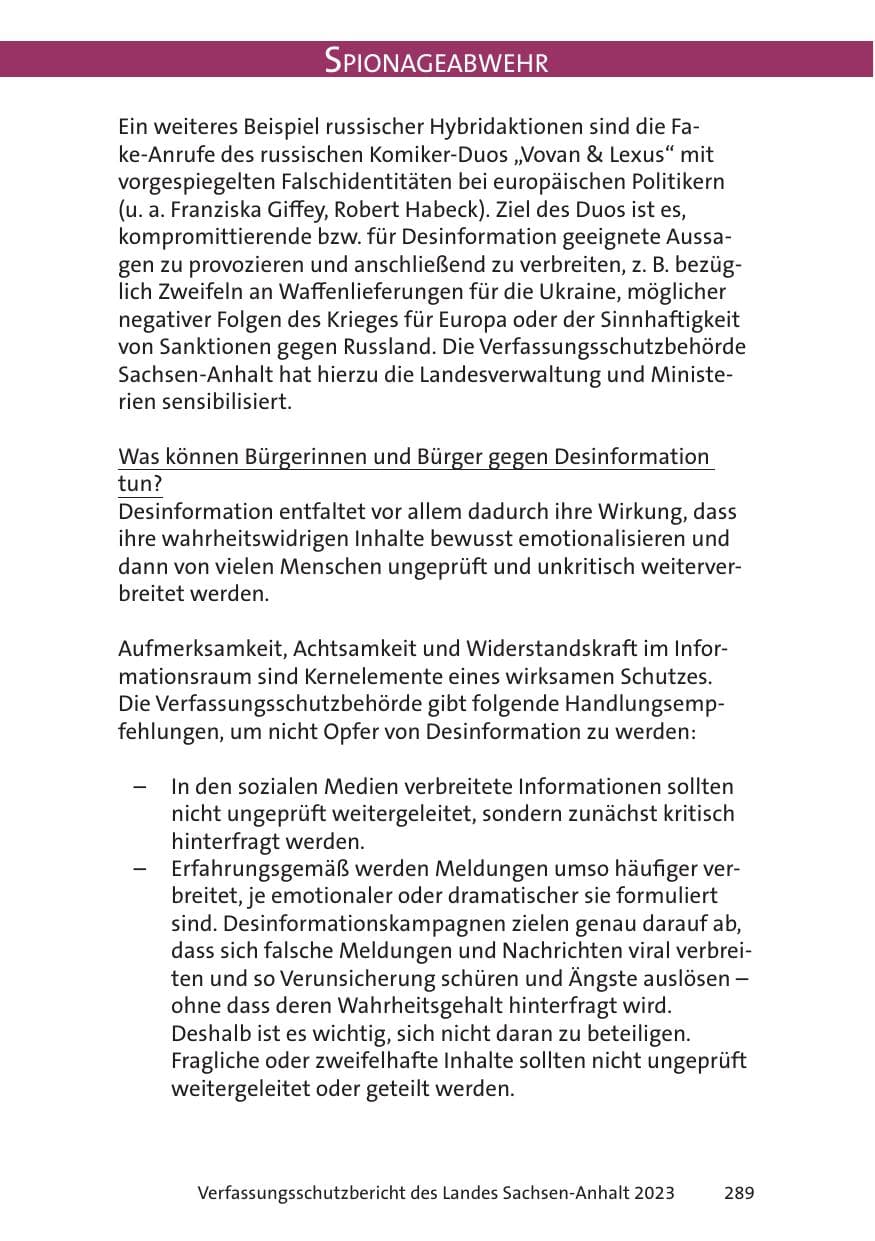 Seite 289 des Verfassungsschutzbericht 2023 Sachsen-Anhalt