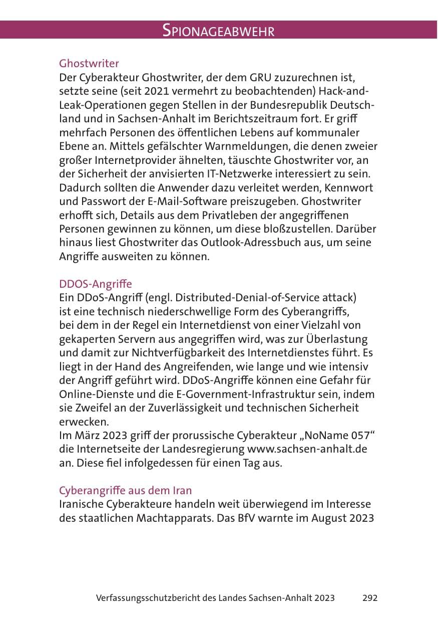 Seite 292 des Verfassungsschutzbericht 2023 Sachsen-Anhalt