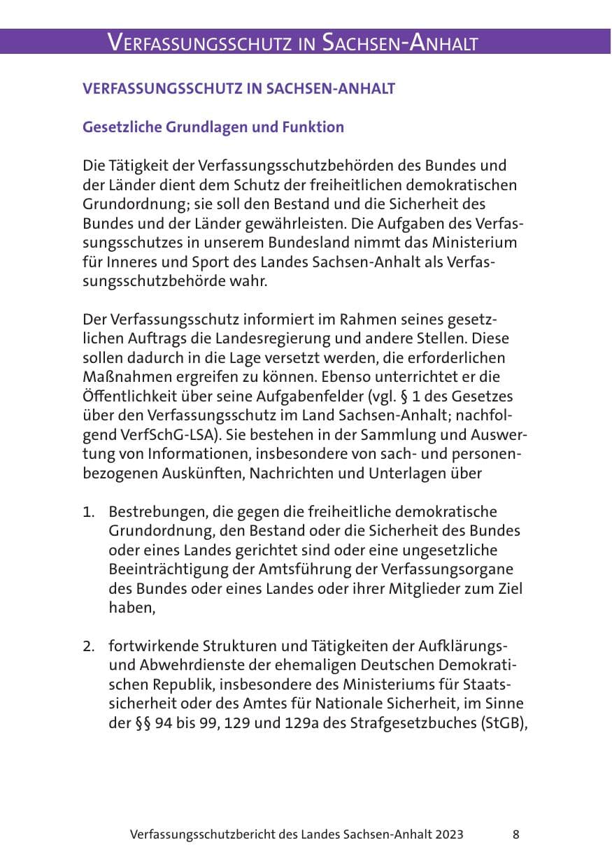 Seite 8 des Verfassungsschutzbericht 2023 Sachsen-Anhalt