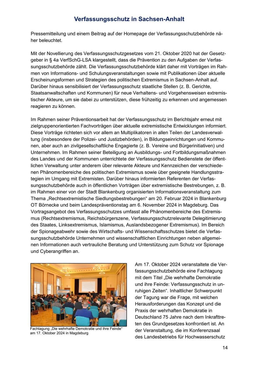 Seite 14 des Verfassungsschutzbericht 2024 Sachsen-Anhalt