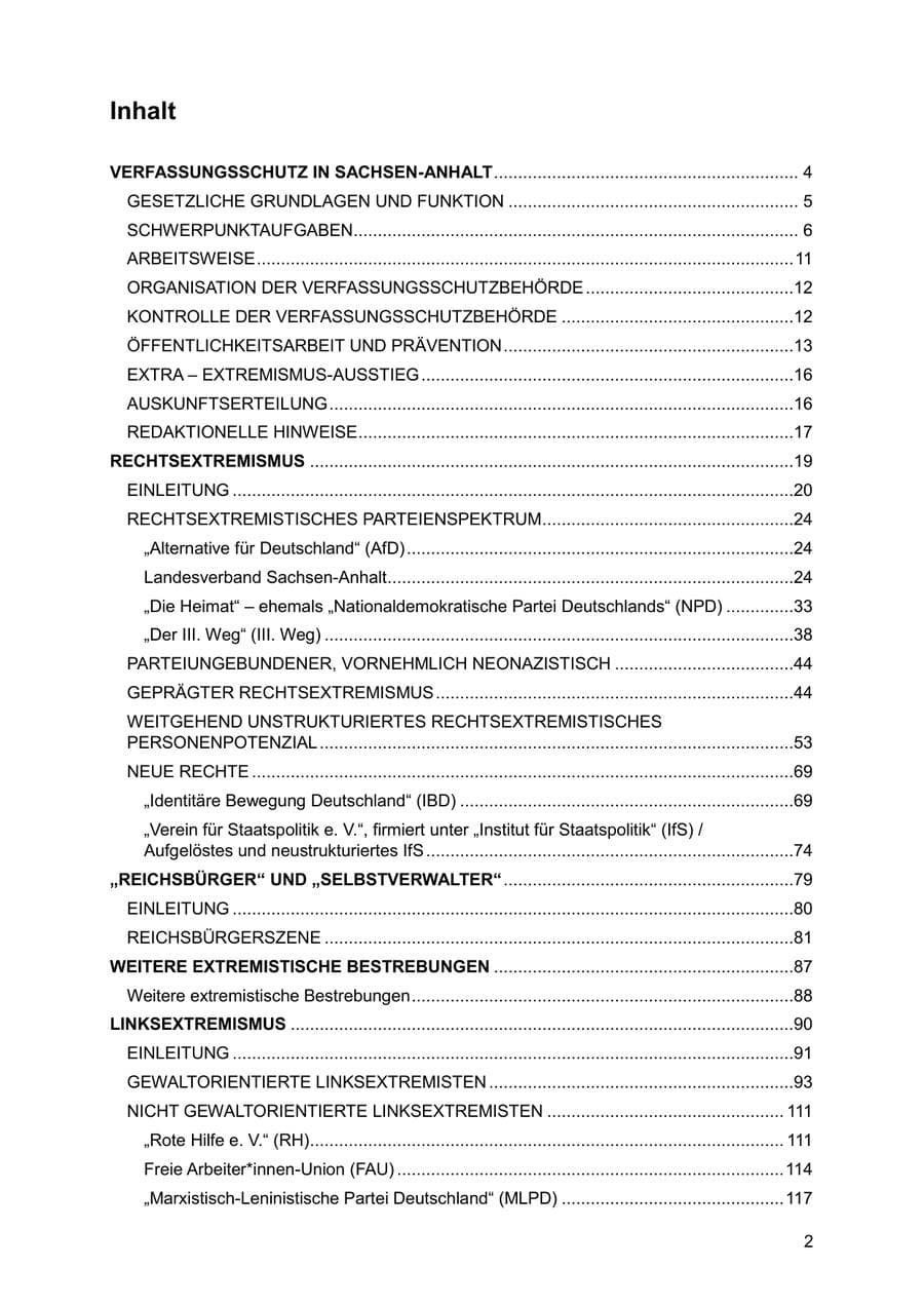 Seite 2 des Verfassungsschutzbericht 2025 Sachsen-Anhalt