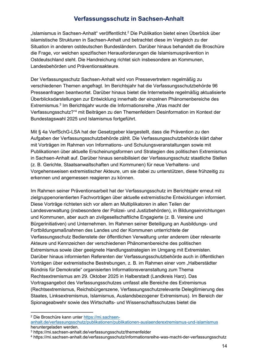 Seite 14 des Verfassungsschutzbericht 2025 Sachsen-Anhalt