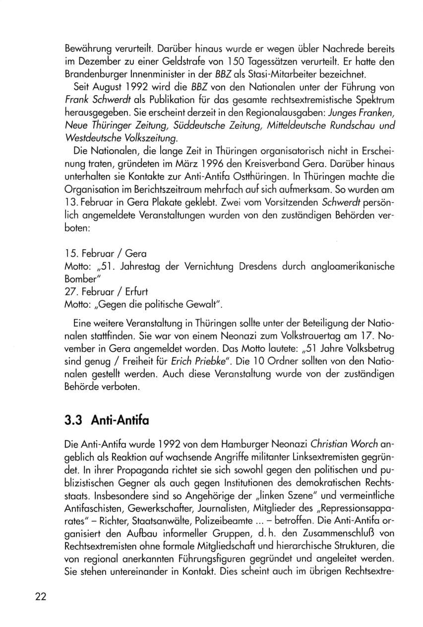 Seite 22 des Verfassungsschutzbericht 1996 Thüringen