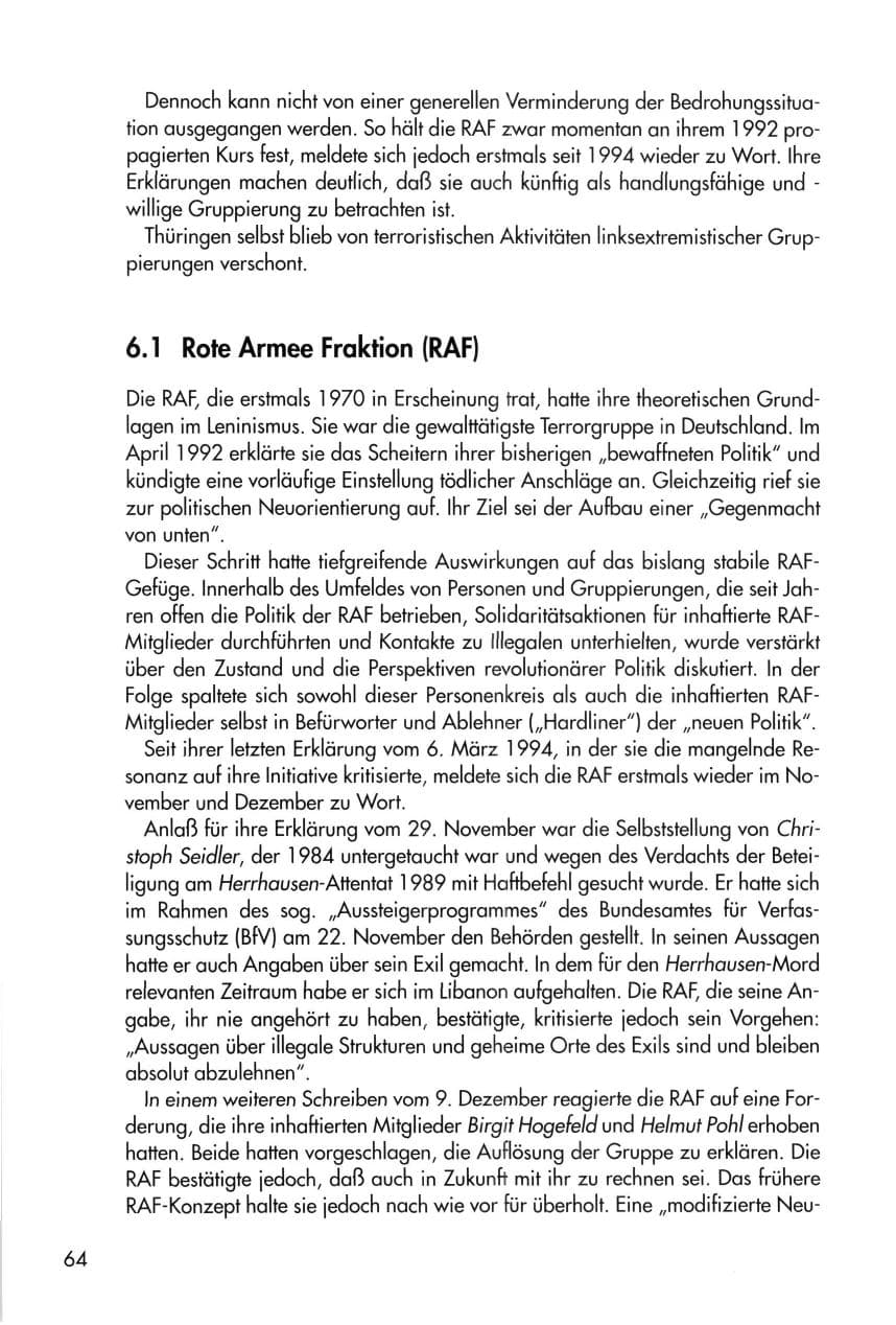 Seite 64 des Verfassungsschutzbericht 1996 Thüringen