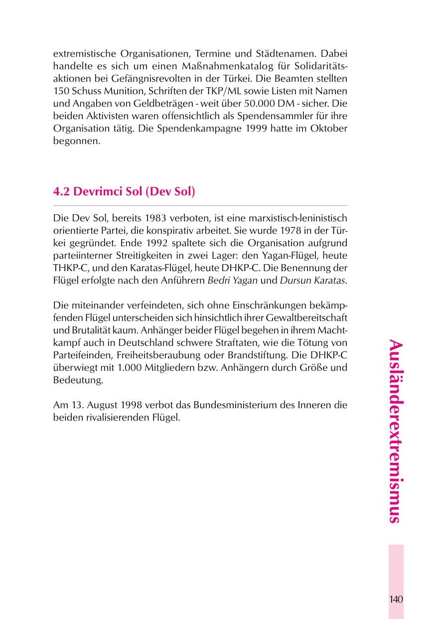 Seite 140 des Verfassungsschutzbericht 1999 Thüringen