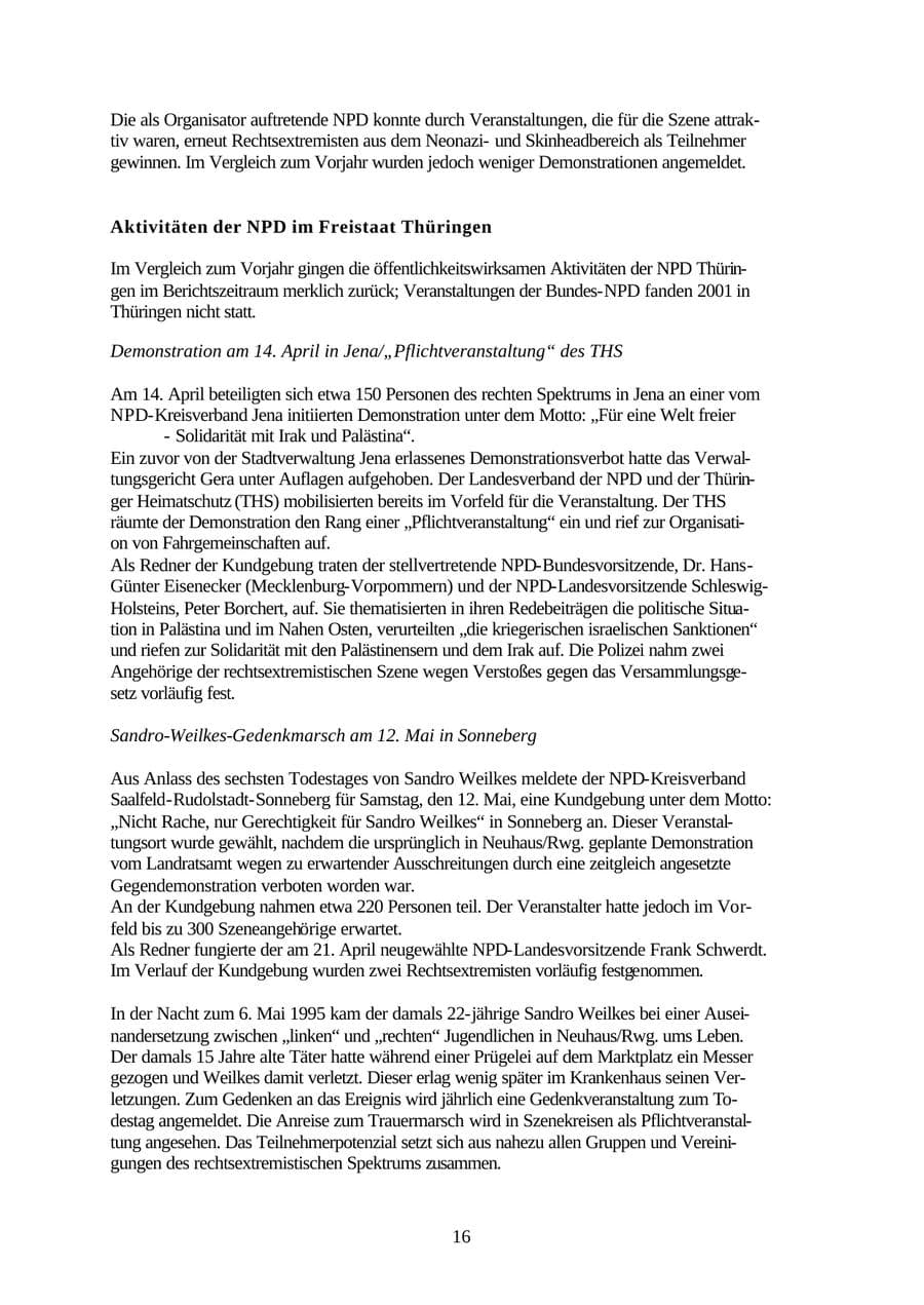Seite 16 des Verfassungsschutzbericht 2001 Thüringen