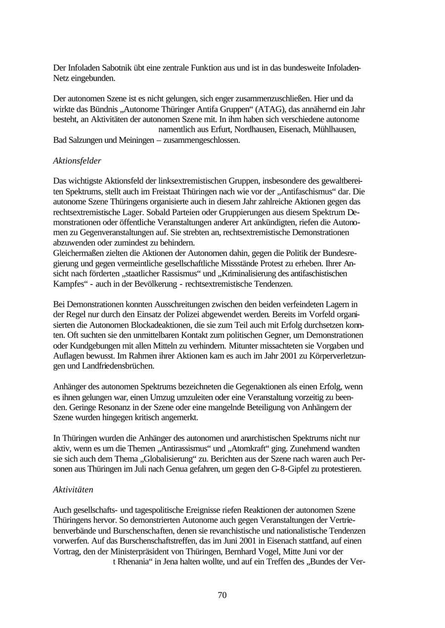 Seite 70 des Verfassungsschutzbericht 2001 Thüringen