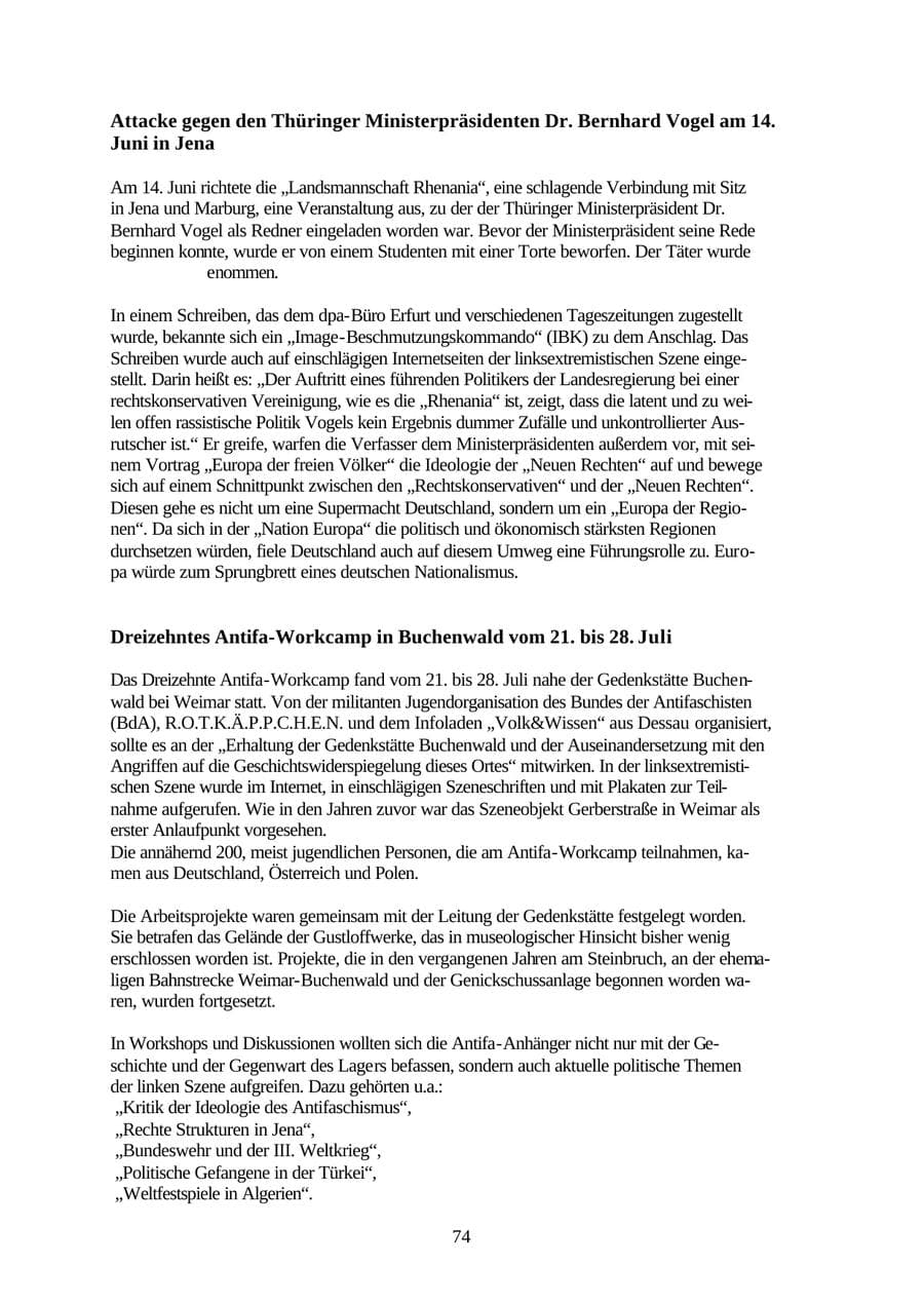 Seite 74 des Verfassungsschutzbericht 2001 Thüringen
