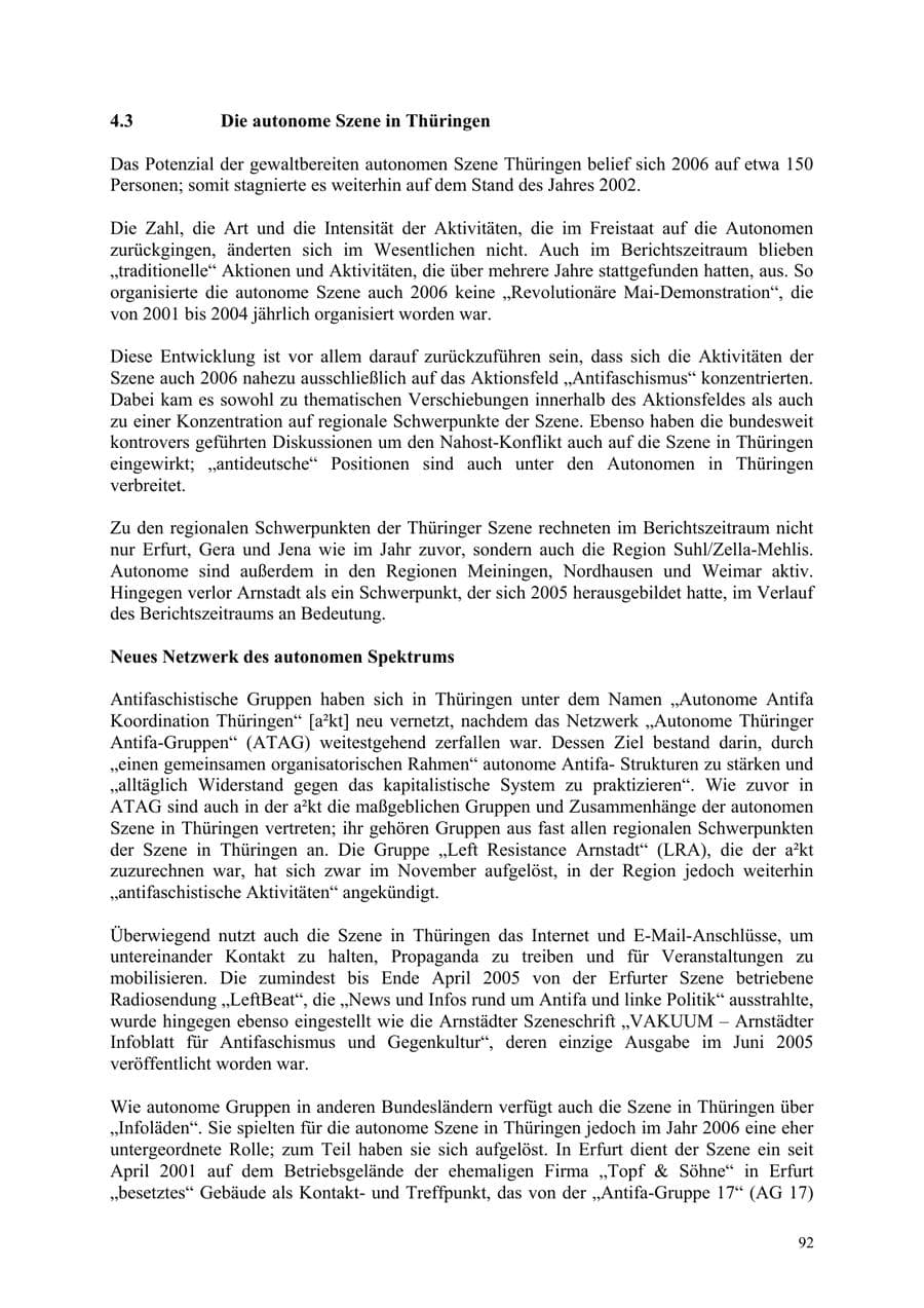 Seite 92 des Verfassungsschutzbericht 2006 Thüringen