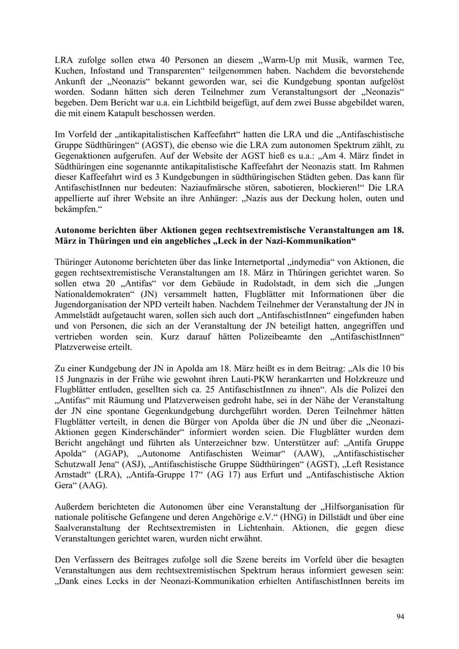 Seite 94 des Verfassungsschutzbericht 2006 Thüringen