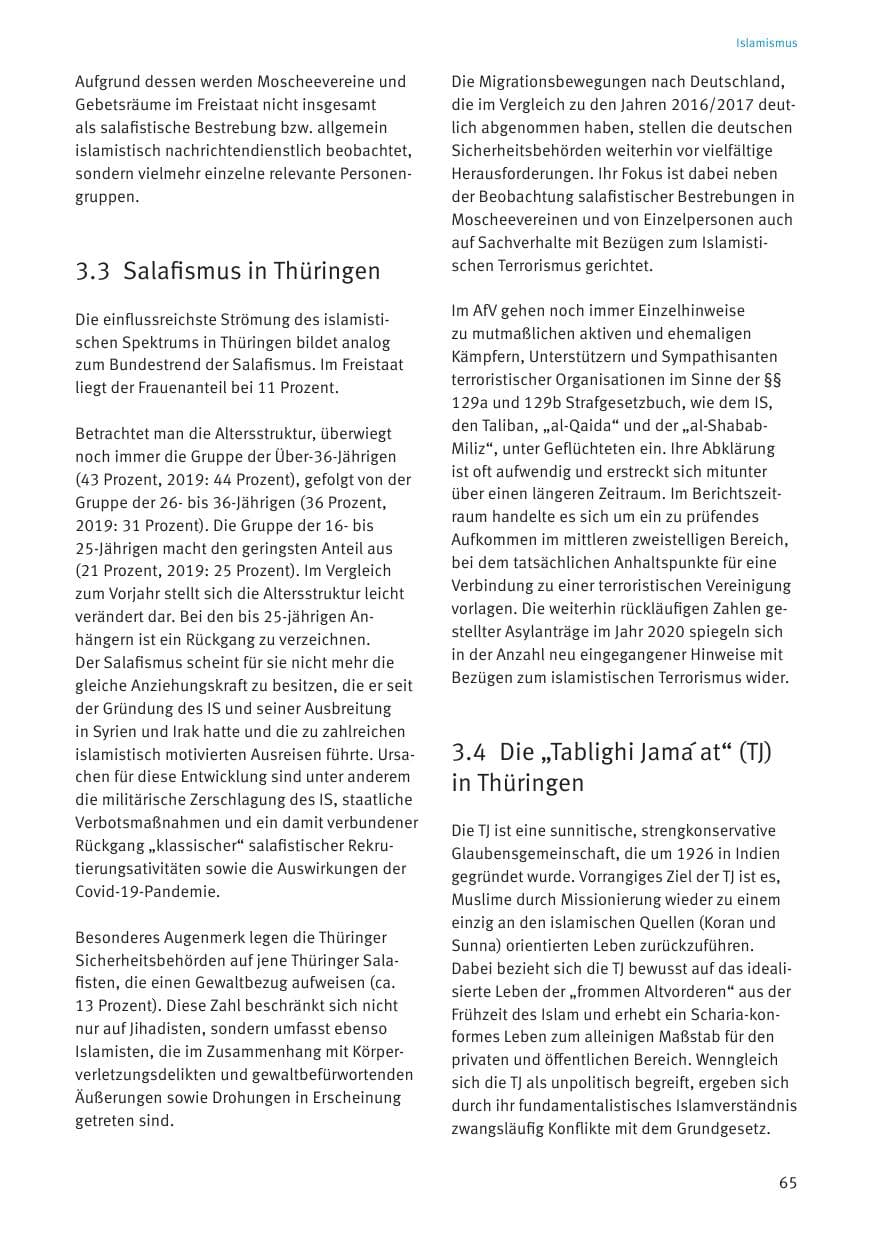 Seite 67 des Verfassungsschutzbericht 2020 Thüringen