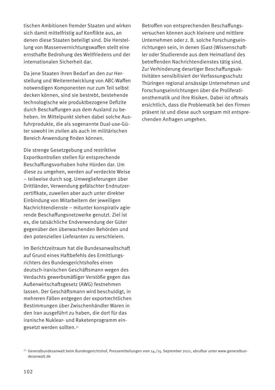 Seite 102 des Verfassungsschutzbericht 2021 Thüringen