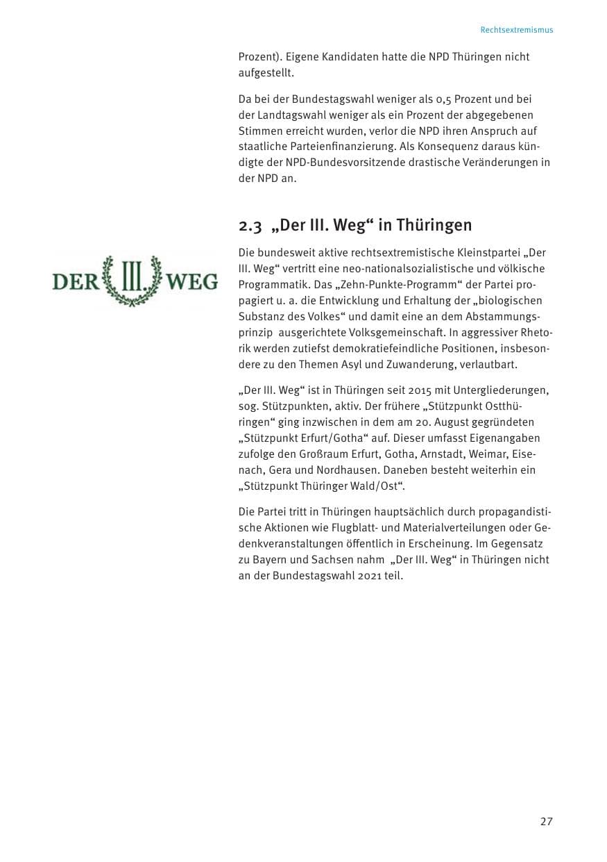 Seite 27 des Verfassungsschutzbericht 2021 Thüringen