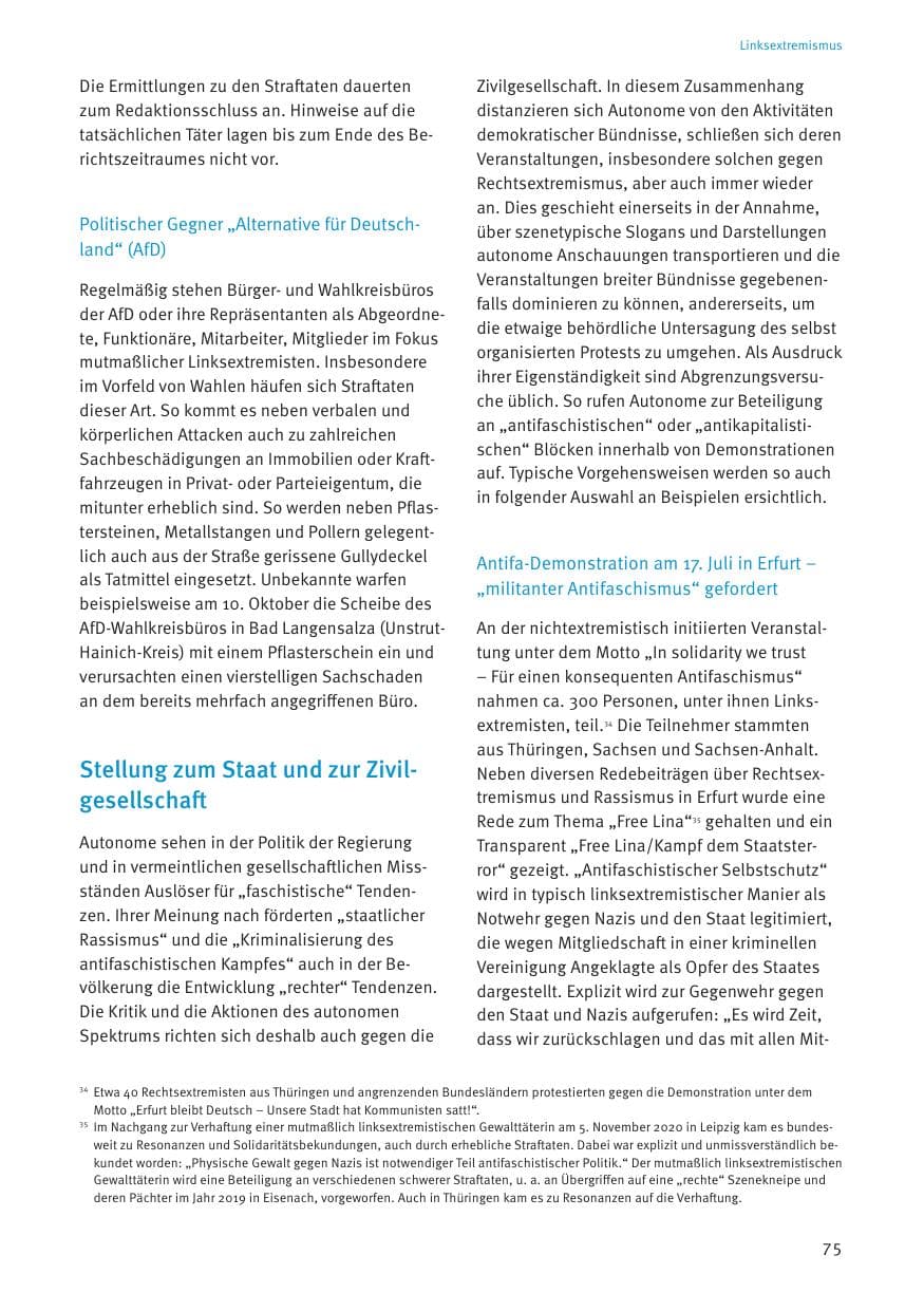Seite 75 des Verfassungsschutzbericht 2021 Thüringen