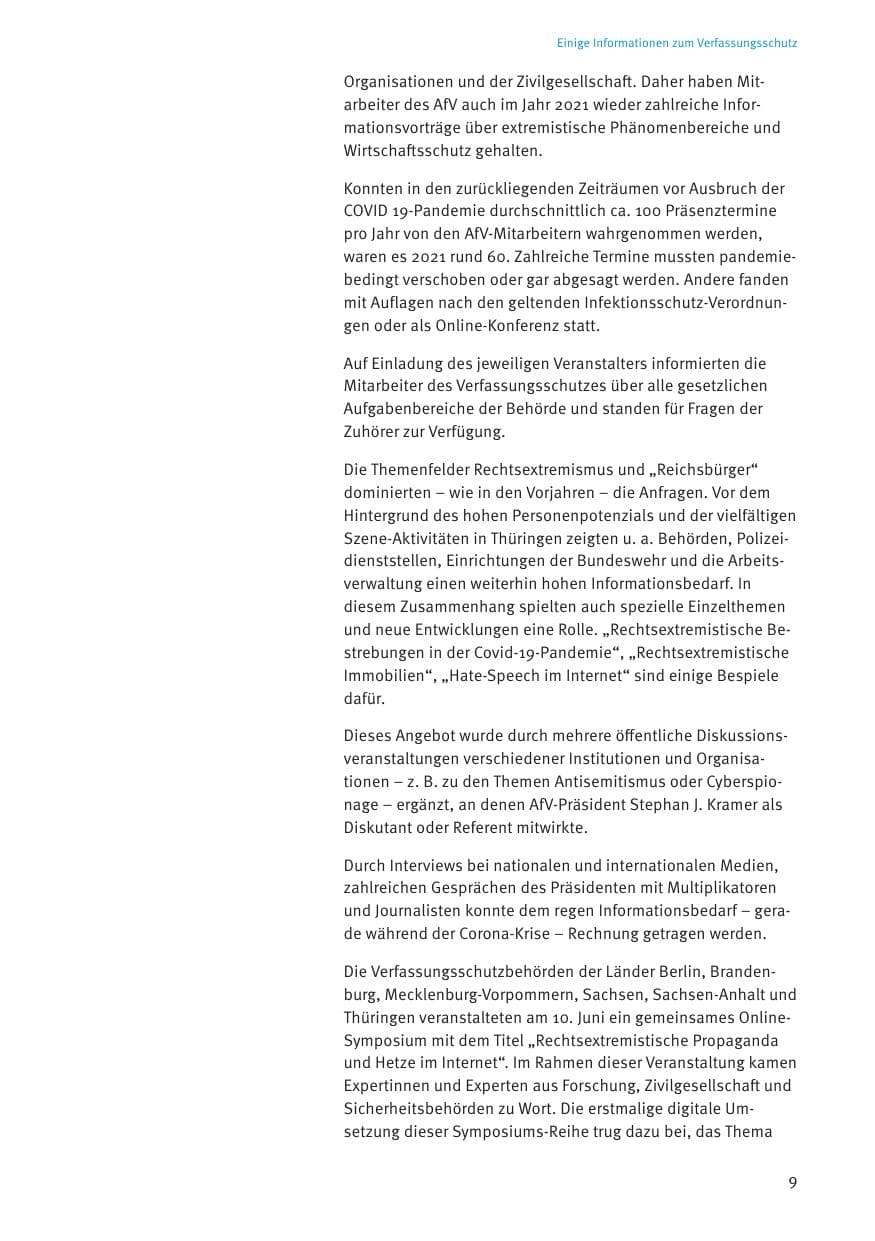 Seite 9 des Verfassungsschutzbericht 2021 Thüringen