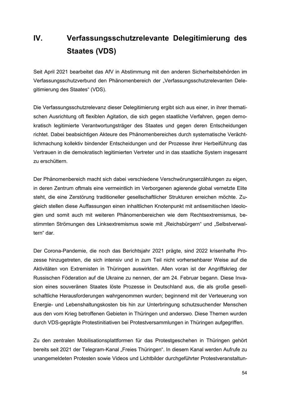 Seite 54 des Verfassungsschutzbericht 2022 Thüringen