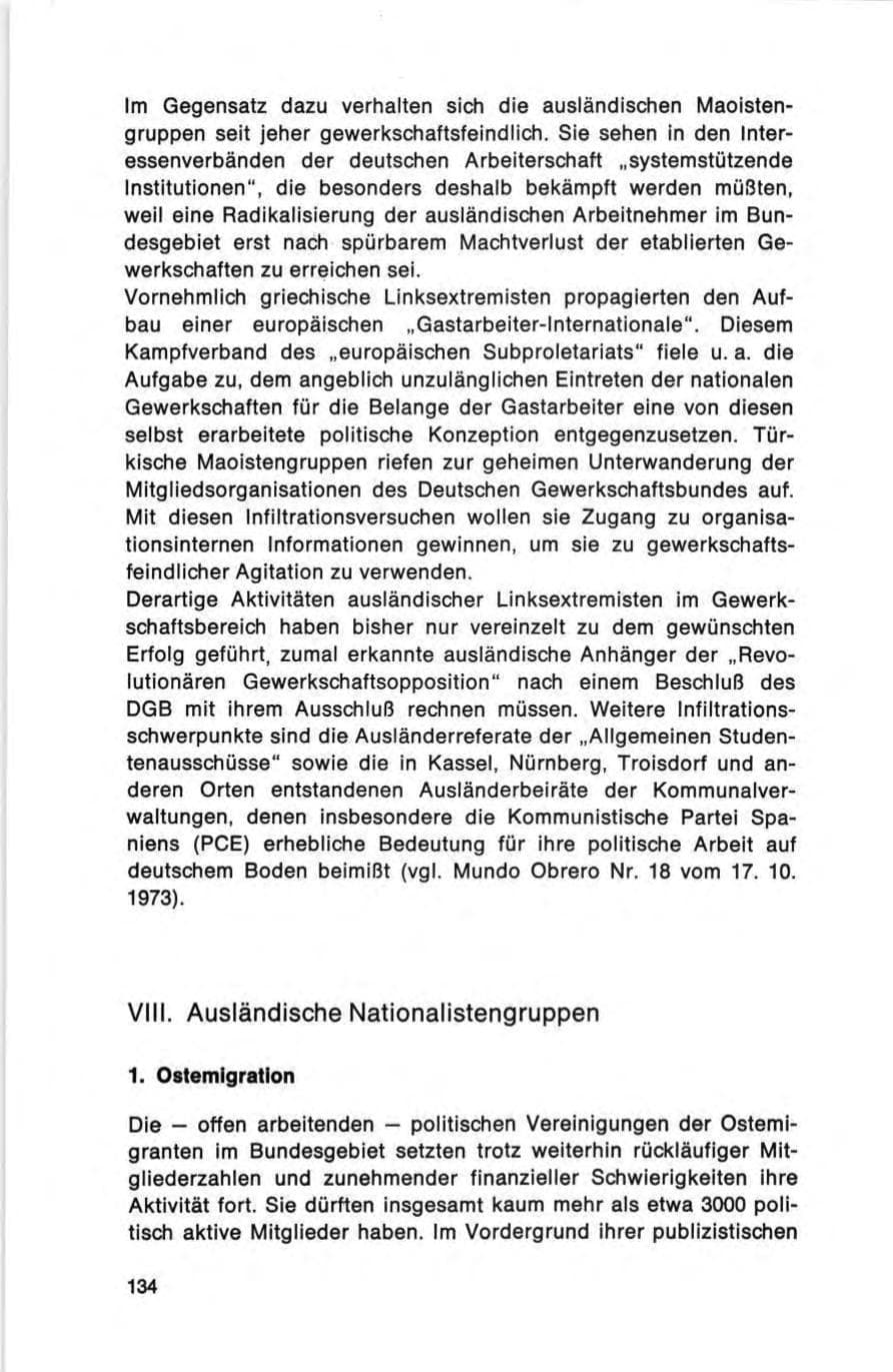 Seite 134 des Verfassungsschutzbericht 1973 Bund