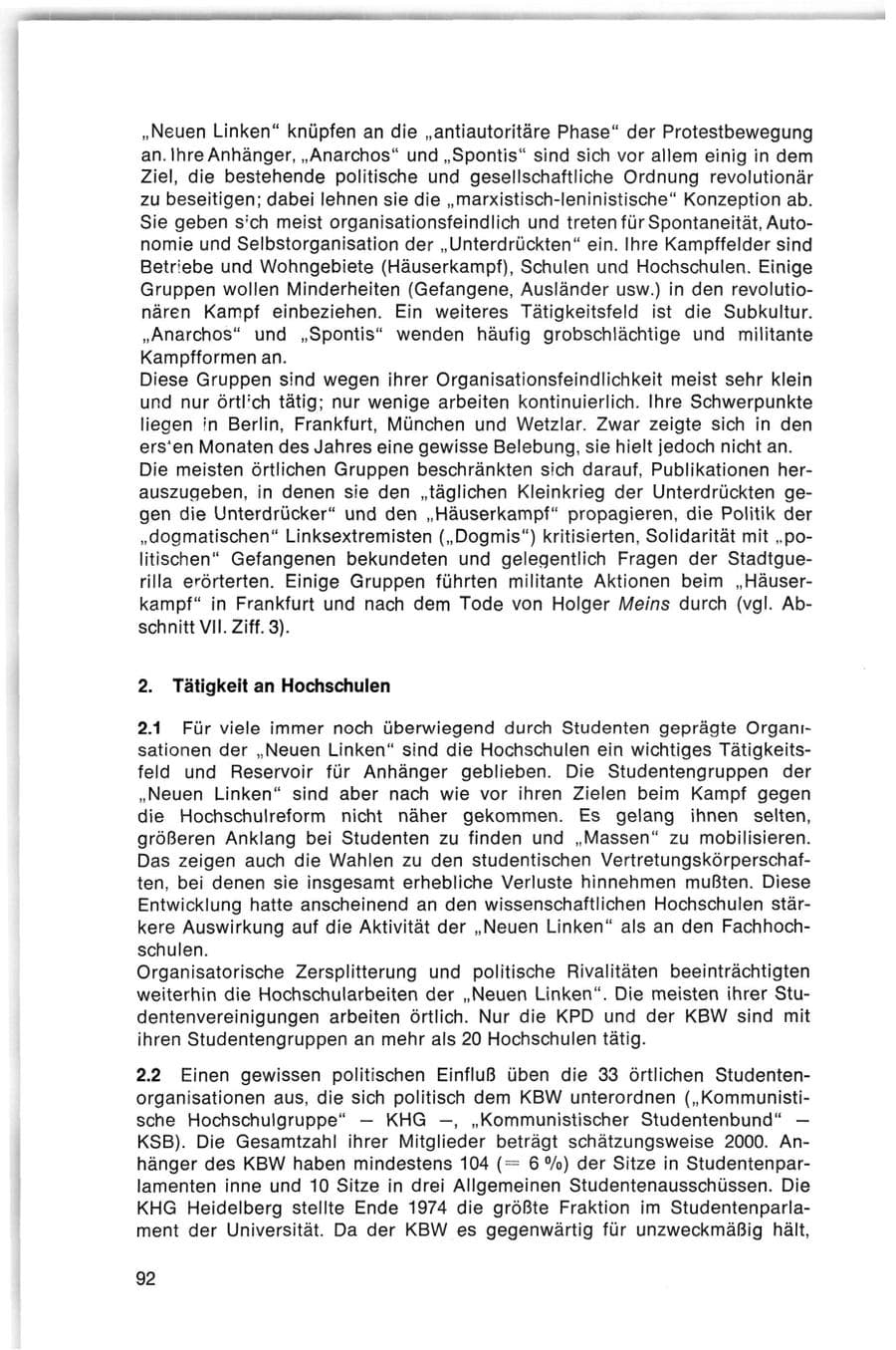 Seite 92 des Verfassungsschutzbericht 1974 Bund