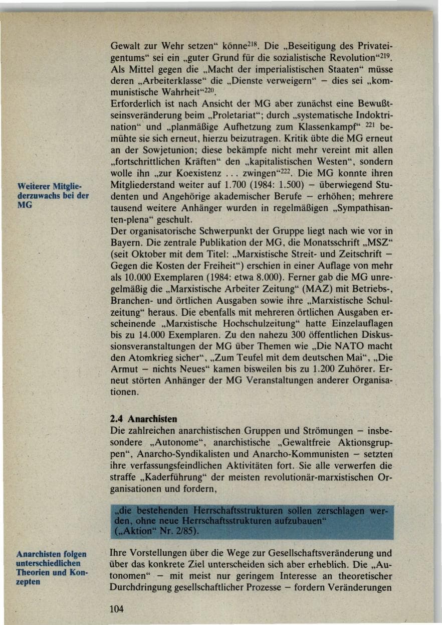 Seite 104 des Verfassungsschutzbericht 1985 Bund