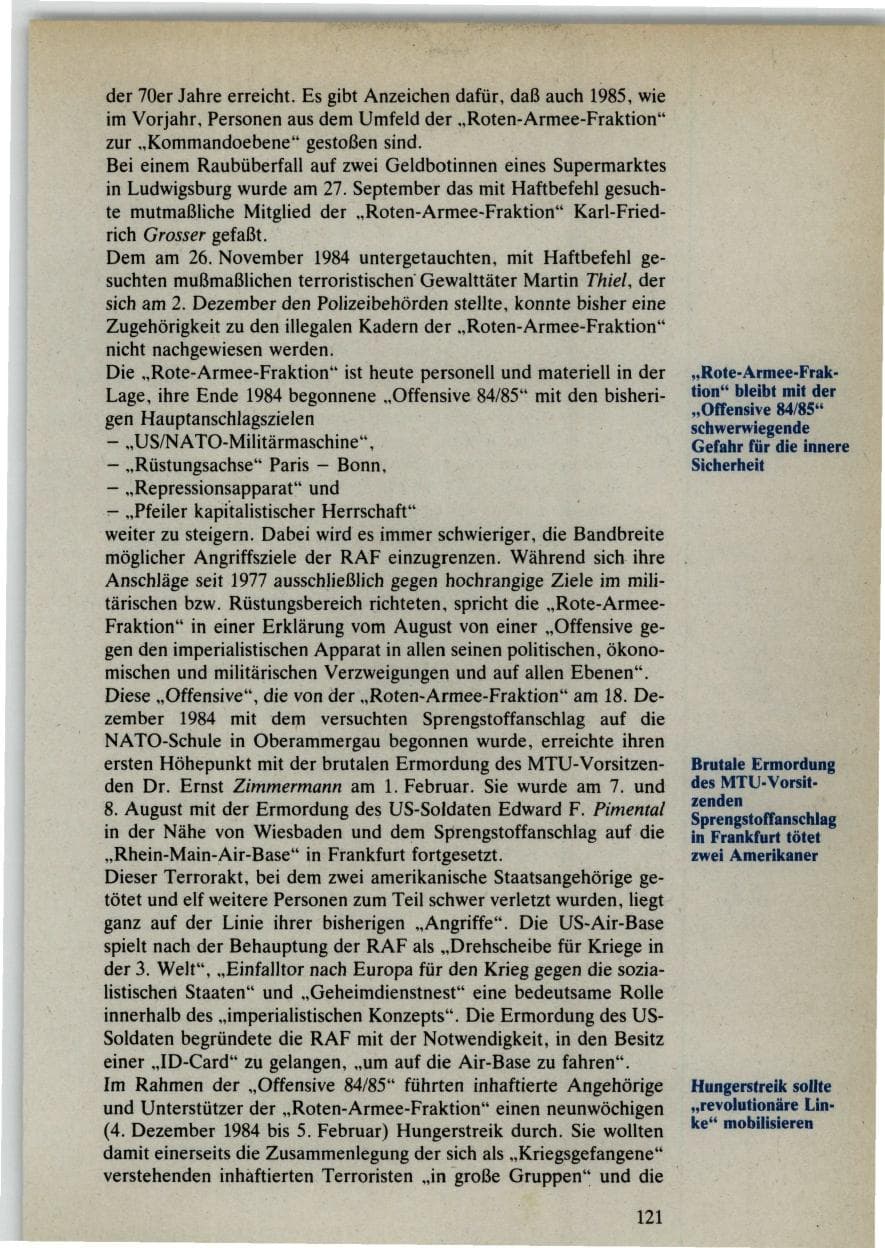 Seite 121 des Verfassungsschutzbericht 1985 Bund