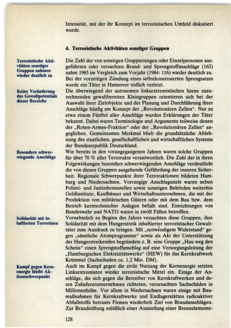 Seite 128 des Verfassungsschutzbericht 1985 Bund