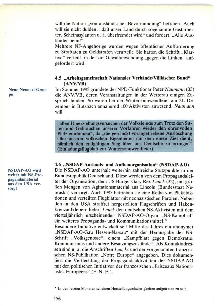 Seite 156 des Verfassungsschutzbericht 1985 Bund