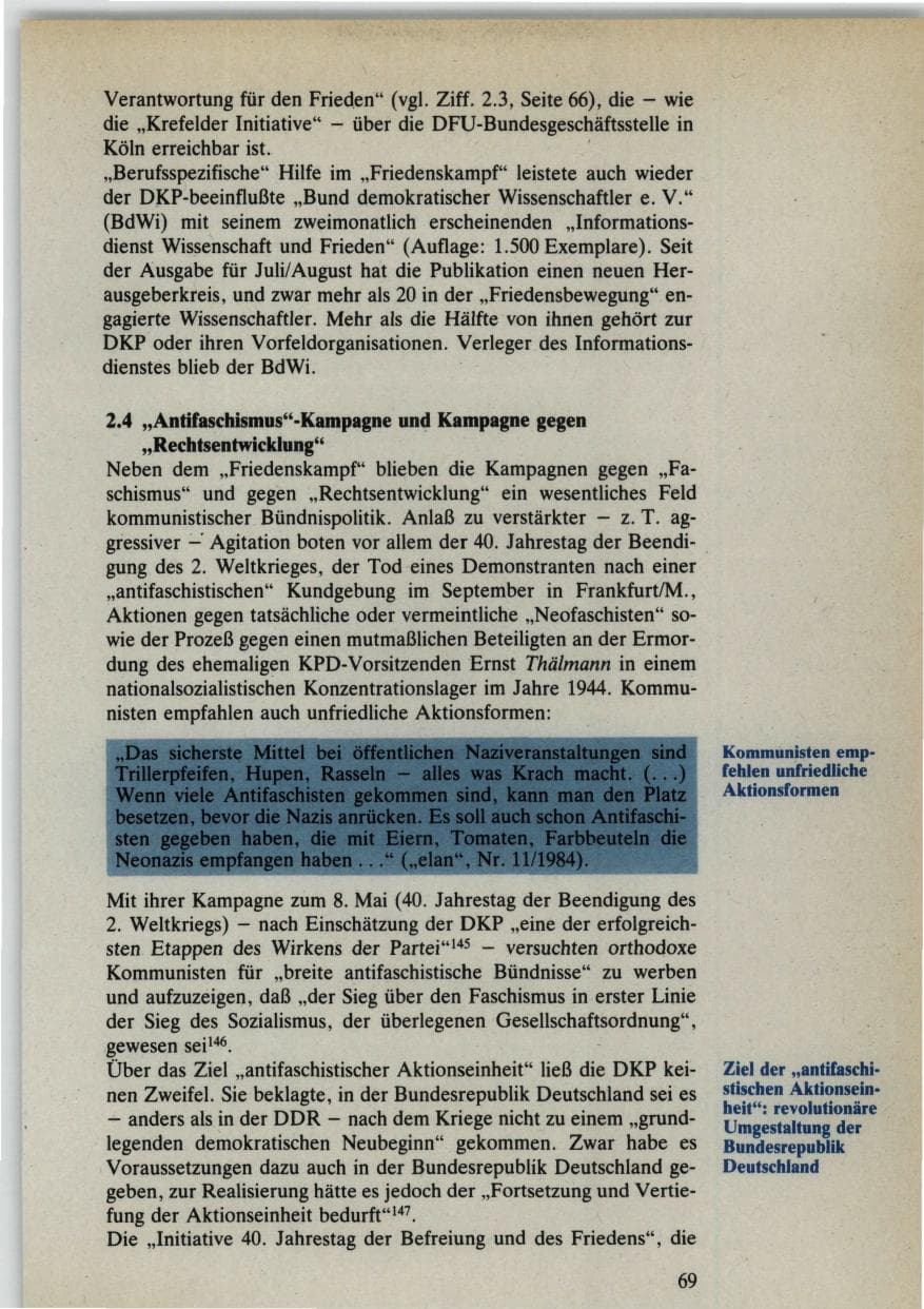 Seite 69 des Verfassungsschutzbericht 1985 Bund