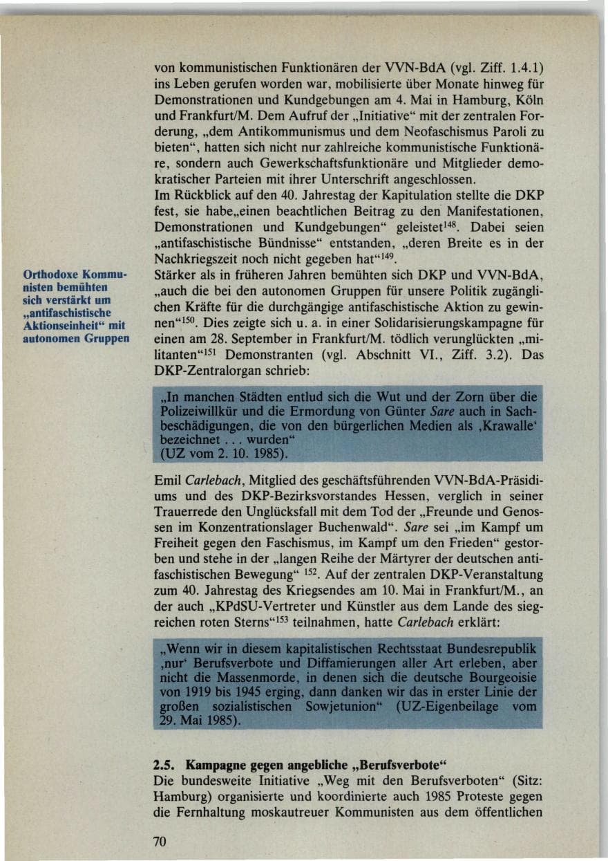 Seite 70 des Verfassungsschutzbericht 1985 Bund
