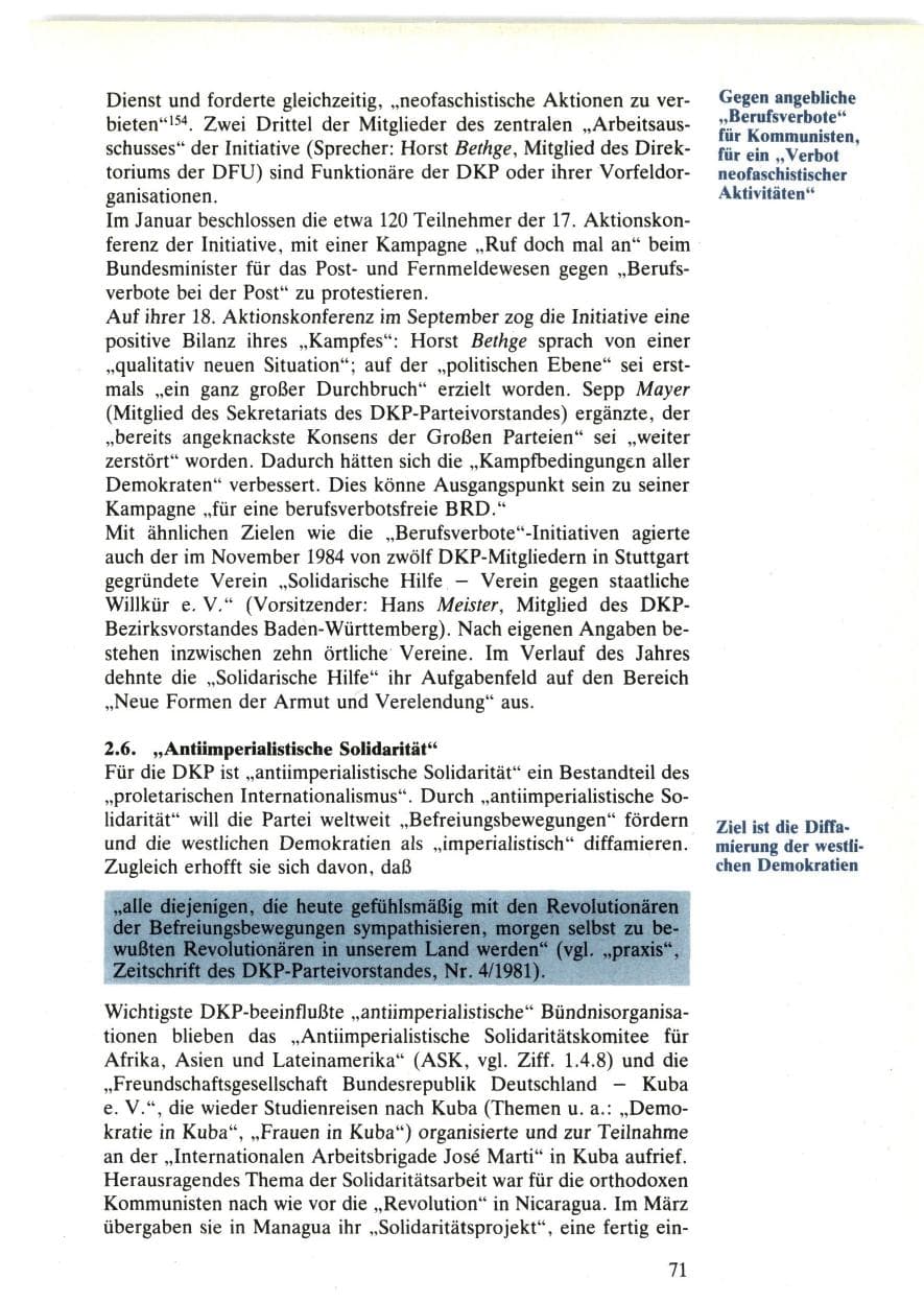 Seite 71 des Verfassungsschutzbericht 1985 Bund