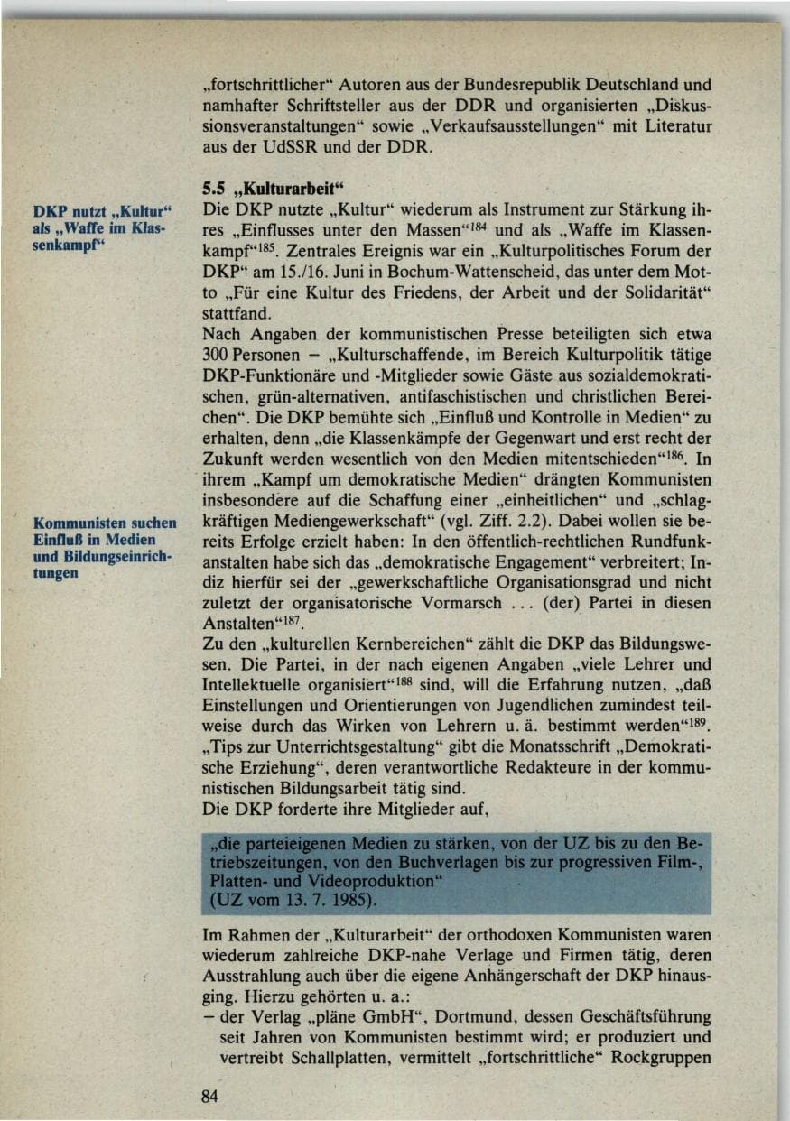Seite 84 des Verfassungsschutzbericht 1985 Bund