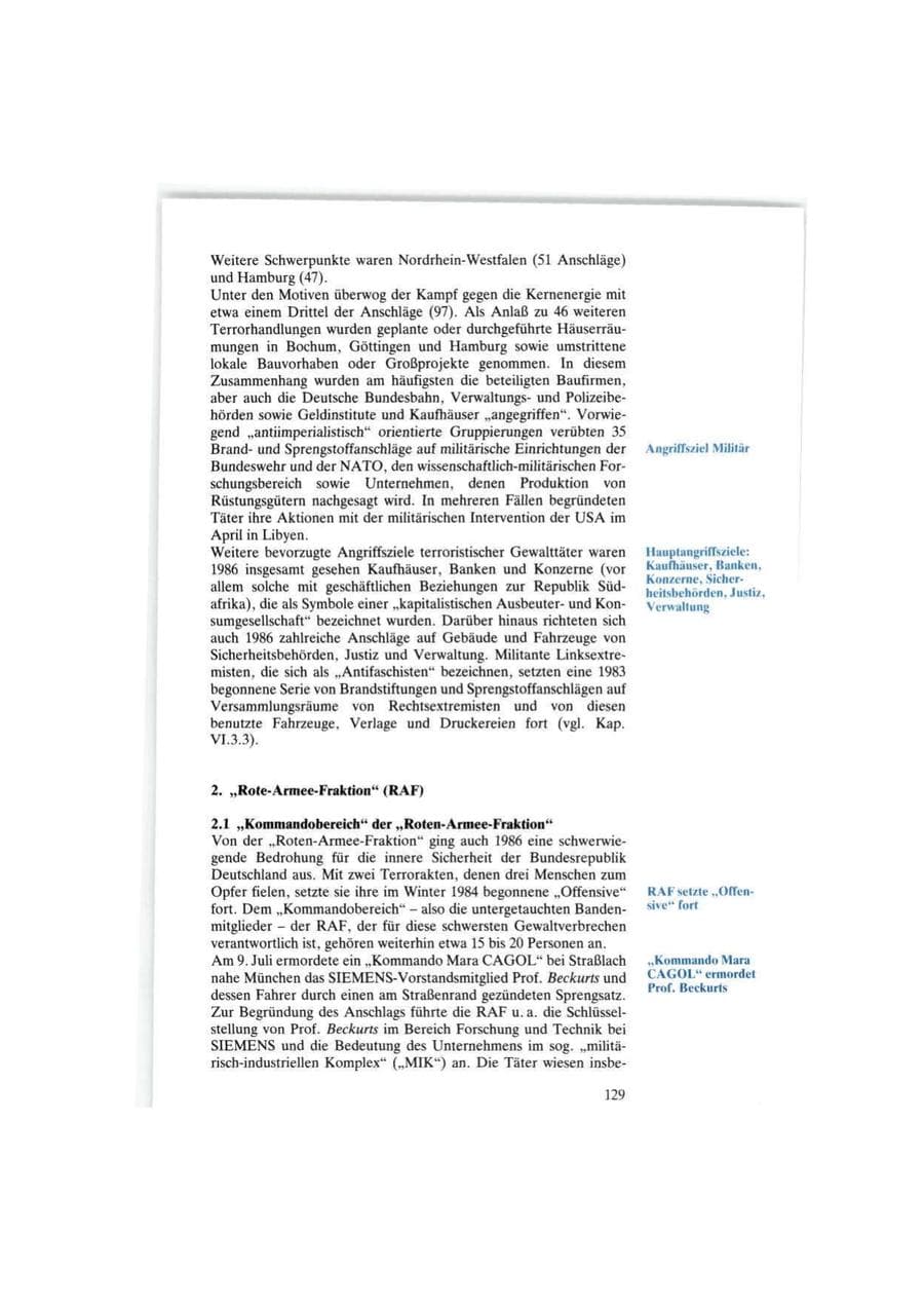 Seite 129 des Verfassungsschutzbericht 1986 Bund
