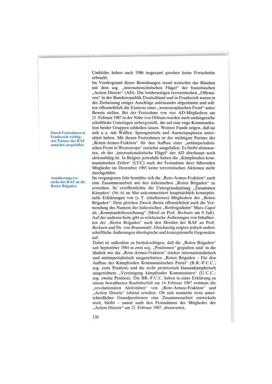 Seite 138 des Verfassungsschutzbericht 1986 Bund