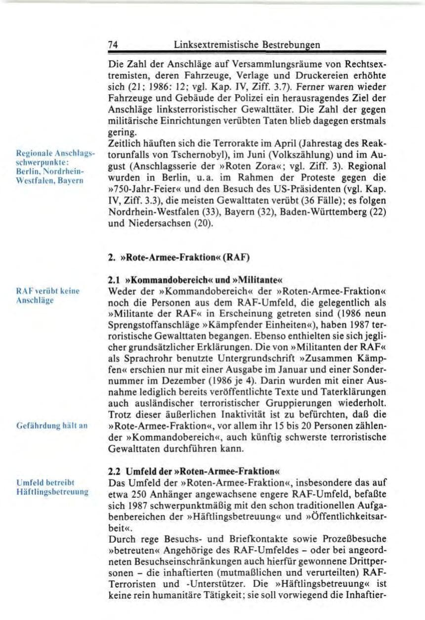 Seite 74 des Verfassungsschutzbericht 1987 Bund