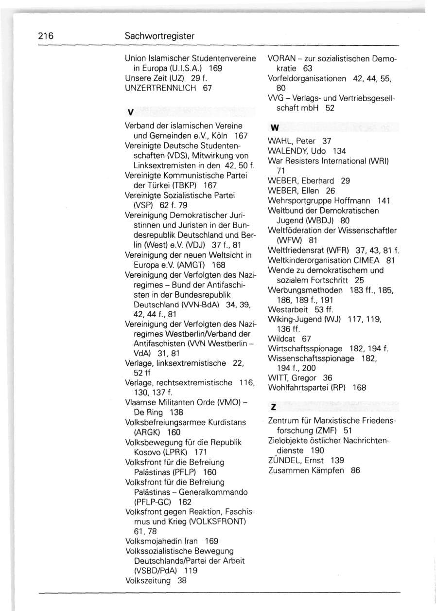 Seite 216 des Verfassungsschutzbericht 1988 Bund
