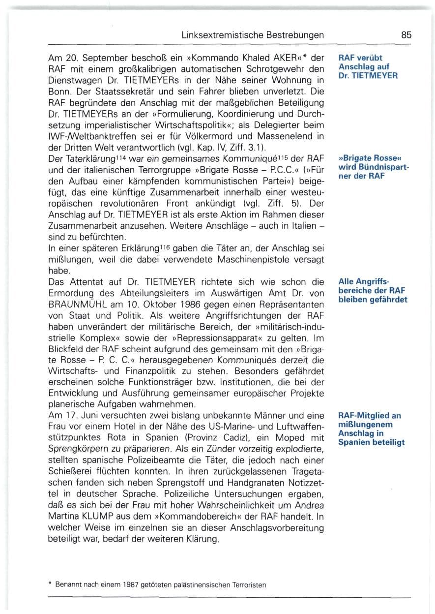 Seite 85 des Verfassungsschutzbericht 1988 Bund