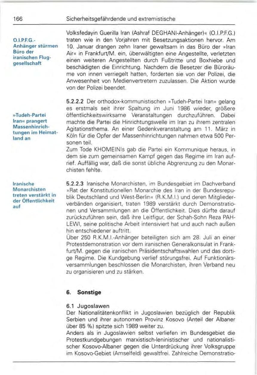 Seite 168 des Verfassungsschutzbericht 1989 Bund