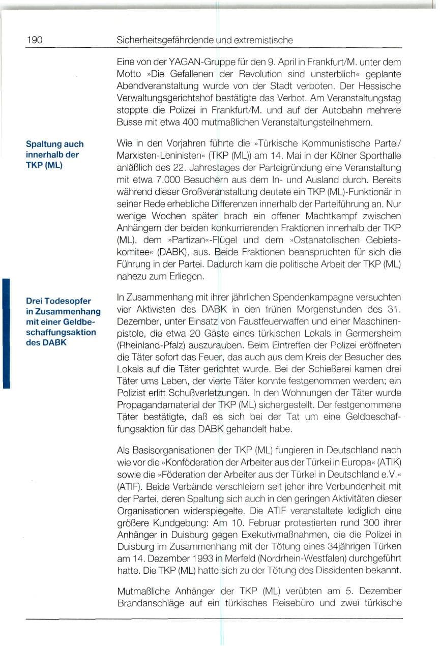 Seite 190 des Verfassungsschutzbericht 1994 Bund
