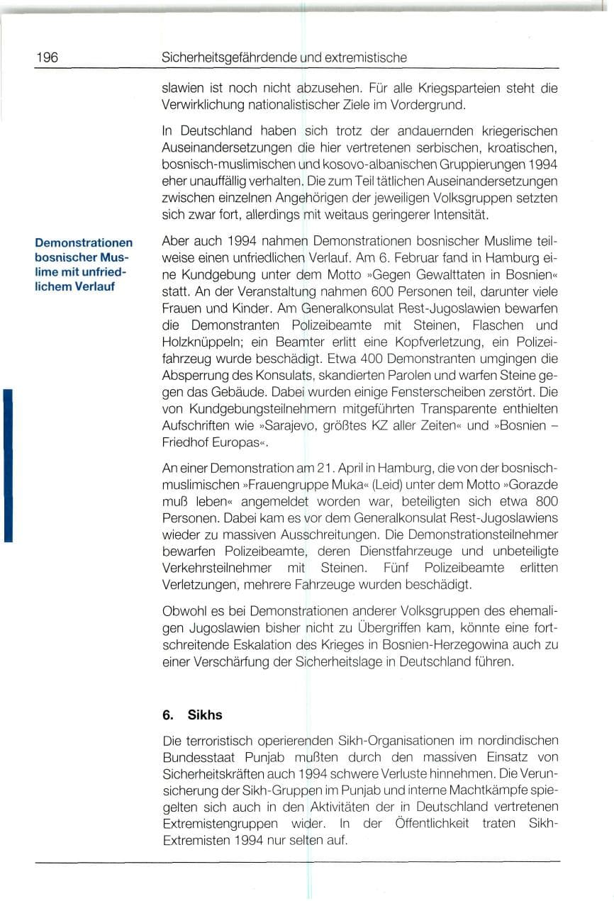 Seite 196 des Verfassungsschutzbericht 1994 Bund