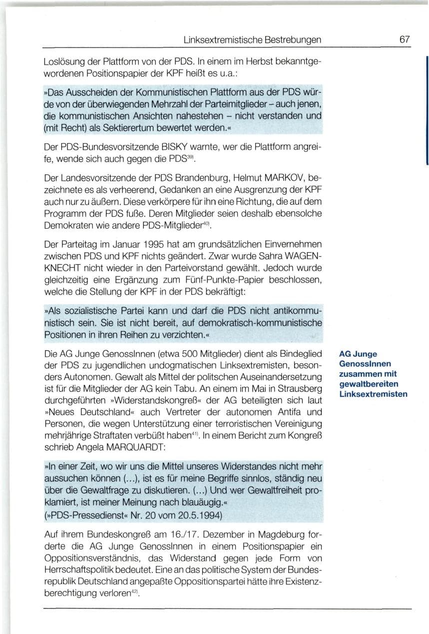 Seite 67 des Verfassungsschutzbericht 1994 Bund