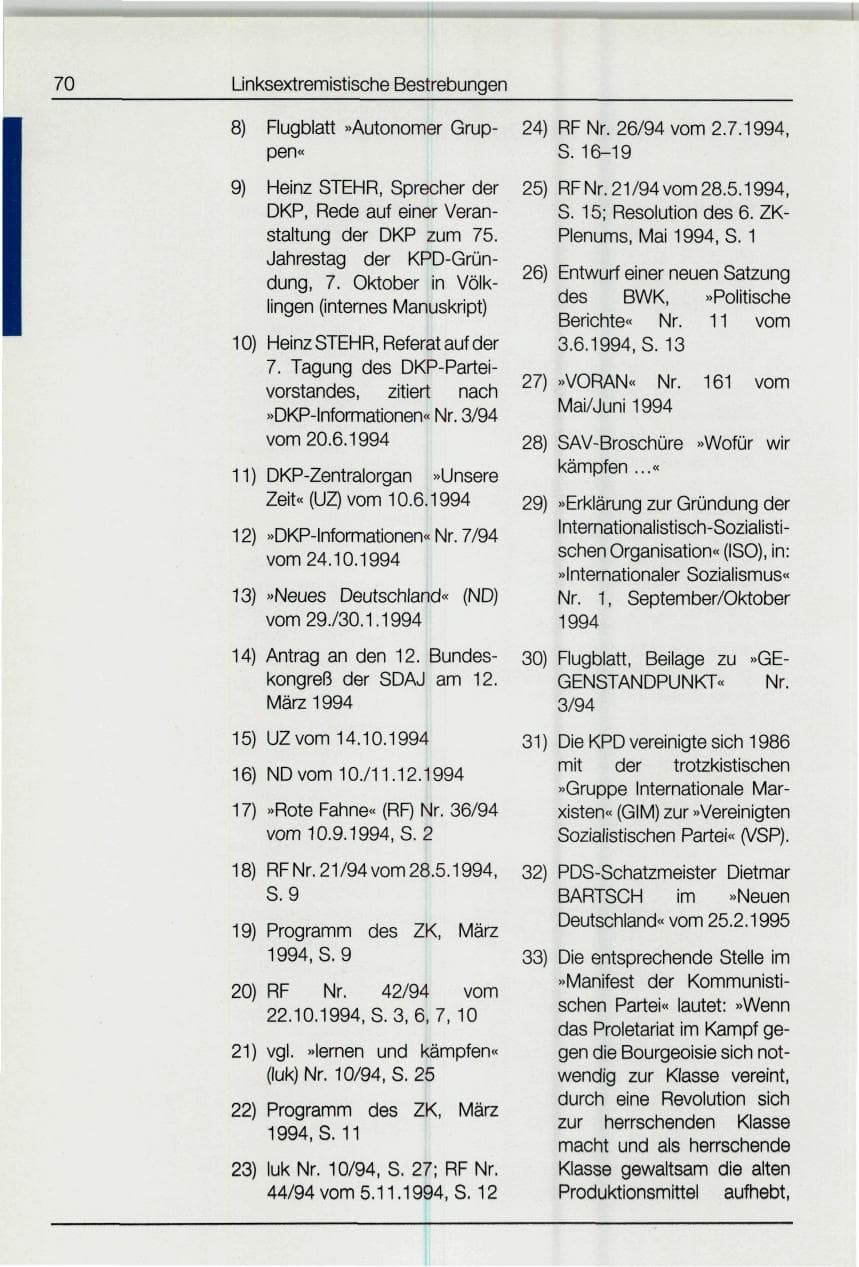 Seite 70 des Verfassungsschutzbericht 1994 Bund