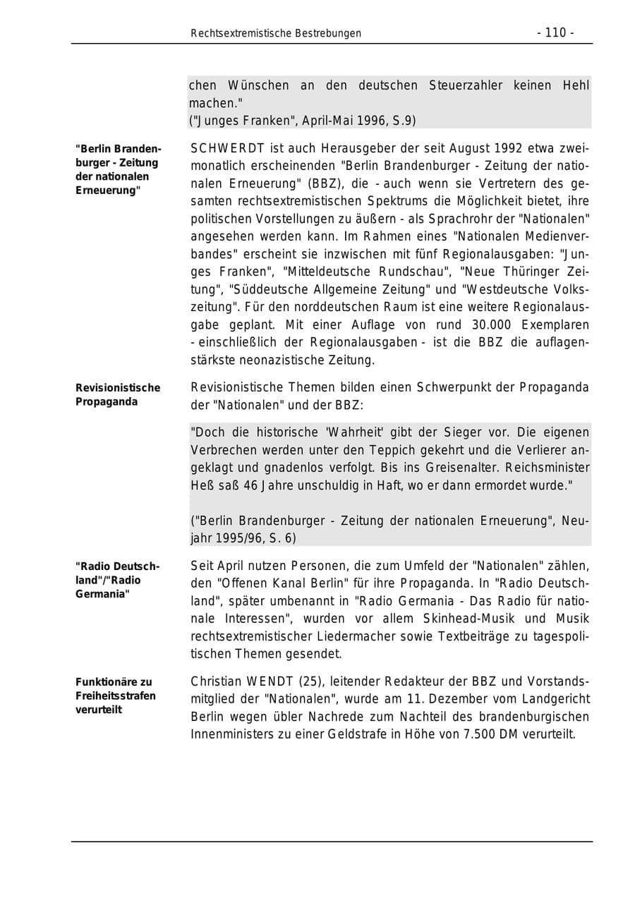 Seite 110 des Verfassungsschutzbericht 1996 Bund